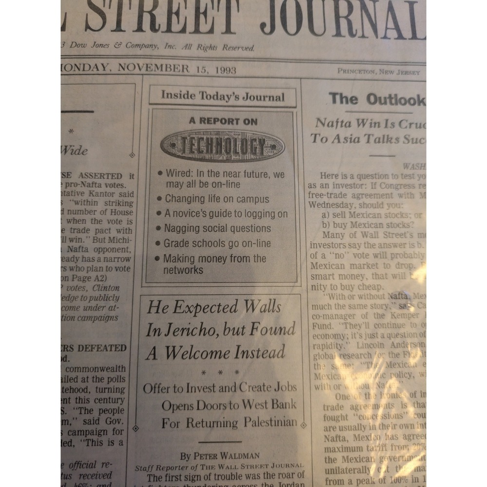 The Wall Street Journal Nov 15 1993 Original Newspaper COA NAFTA History - Picture 6 of 6